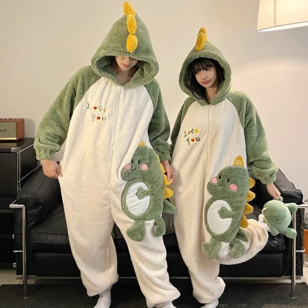 Green T-rex Couple Onsie, Winter Warm Thicken Flannel Pajamas, Couple Jumpsuits Onesie Pajamas