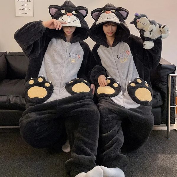 Black Cat Cute Paws Couple Onsie, Winter Warm Thicken Flannel Pajamas, Couple Jumpsuits Onesie Pajamas