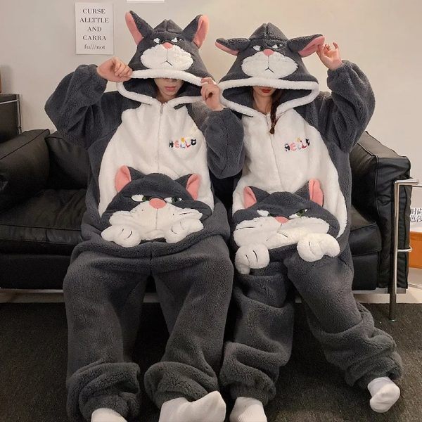 Black Cat Grumpy Face Couple Onsie, Winter Warm Thicken Flannel Pajamas, Couple Jumpsuits Onesie Pajamas