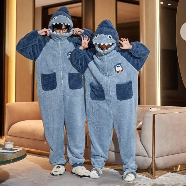 Blue Shark Couple Onsie, Winter Warm Thicken Flannel Pajamas, Couple Jumpsuits Onesie Pajamas