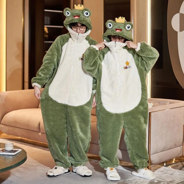 Green Frog Couple Onsie, Winter Warm Thicken Flannel Pajamas, Couple Jumpsuits Onesie Pajamas