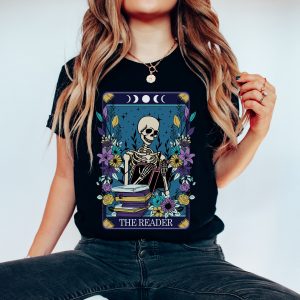 literary book shirt tarot card reading shirt Halloween literary literature shirt skeleton book lover gift bibliophile shirt - Image 3